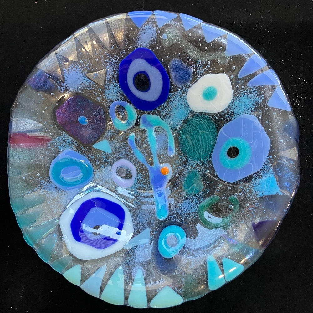 "Ocean Blue “Contemporary Fused Art Glass  Amber Handmade 9”x4”Bowl